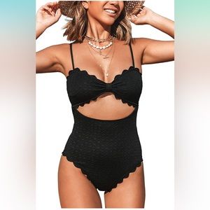 CUPSHE Women's One Piece Swimsuit Sexy Black Cutout Scallop Trim Bathing Suit